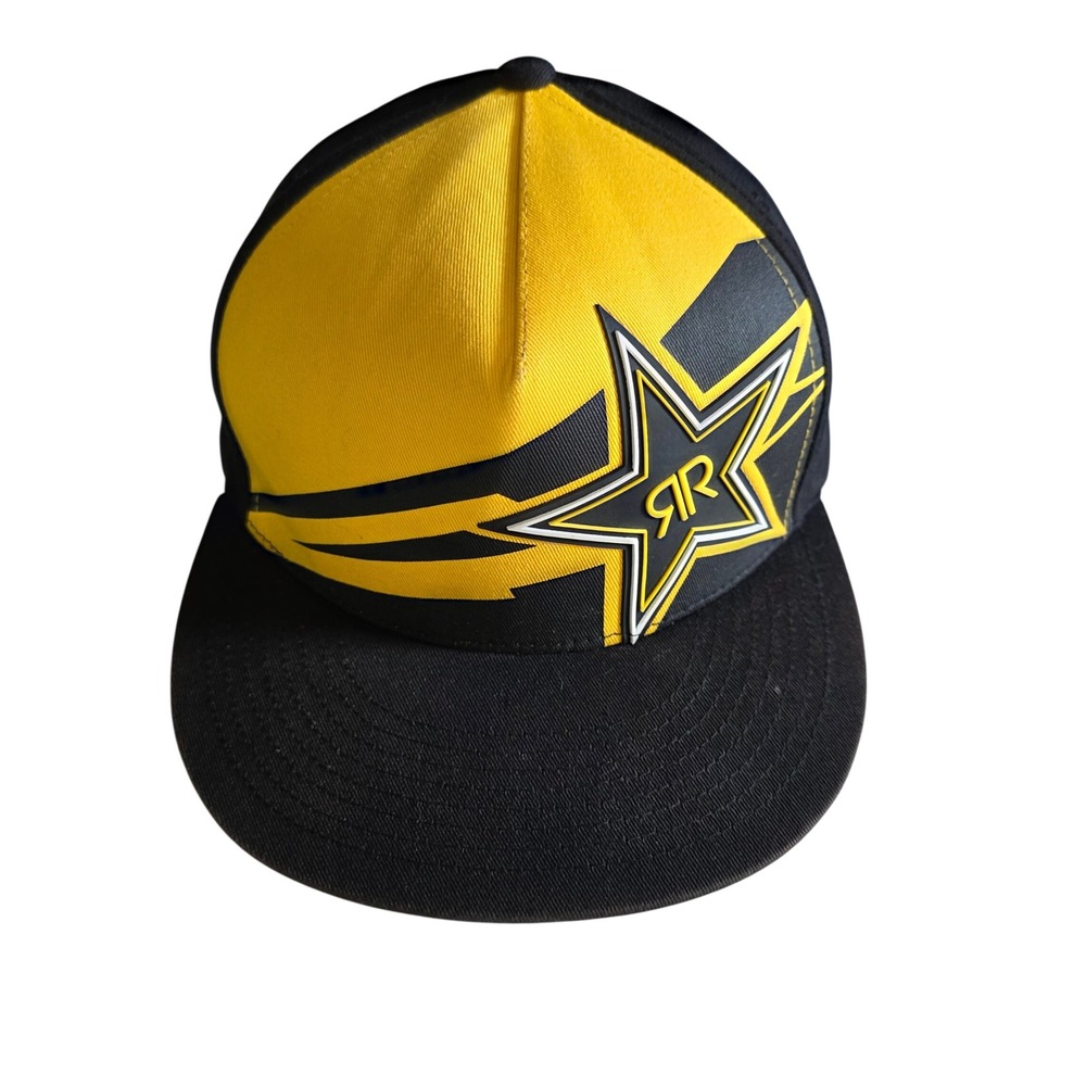 Rockstar Energy Motocross Yupoong Snapback Hat Black Yellow Promo Flat Brim Cap